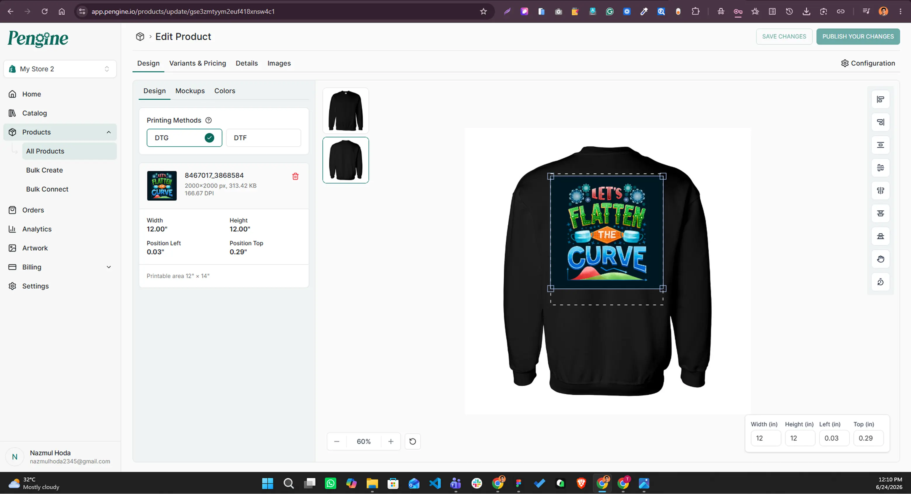 Pengine product editor showing mockup generation for an apparel product