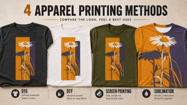 Four apparel printing methods compared: DTG, DTF, screen printing and sublimation on t-shirts